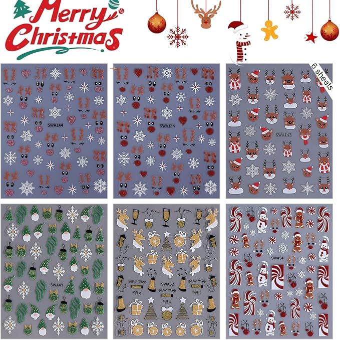 Christmas Nail Art Stickers Decals 3D Xmas Reindeer Snowflake Snowman Self-Adhesive Nail Stickers Winter Holiday Christmas Tree Elk Gift Nail Decals for Christmas DIY Manicure 6 Sheets