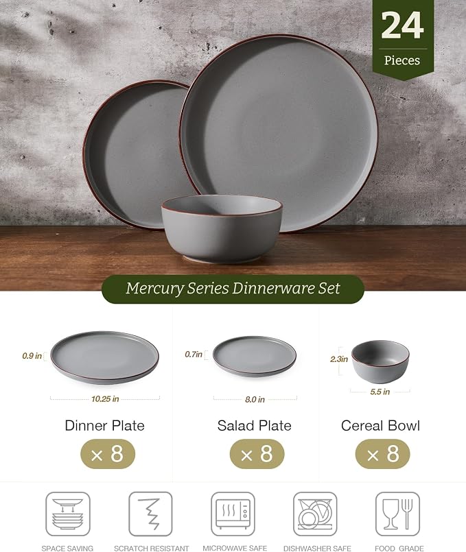Famiware Mercury 24-Piece Stoneware Dinnerware Set, Dark Grey | Plates and Bowls - Image 2