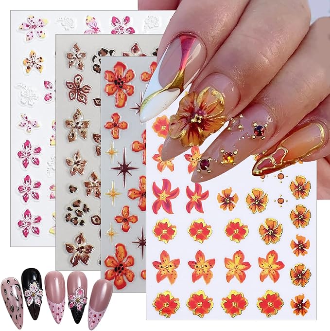 Hawaiian Flowers Nail Stickers 5D Embossed Lily Flower Stickers for Nails Hibiscus Floral Decals Leopard Floral Nail Design Pegatinas para Uñas for Women Girls DIY Manicure Decorations 4 Sheet