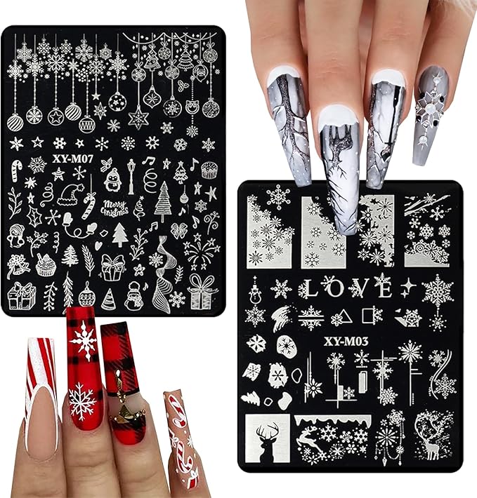 6Pcs Christmas Stamping Plates Set Winter Nail Stamp Kit Xmas Art Image Plates With Snowflakes Tree Bell Snowman Elk Designs DIY Stainless Steel Polish Template