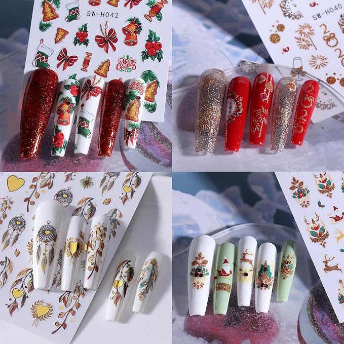 4Sheet Christmas Nail Art Stickers Santa Claus Elk Snowflake Nail Decals 3D Self-Adhesive Fireworks Clock Bow Designs Nail Supplies Winter Xmas Nail Sticker Nail Art for Women DIY New Year Nail Decor