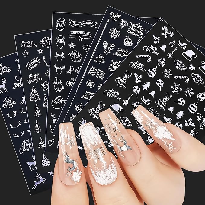HNUIX Nail Stickers - 3D Christmas, Self Adhesive Nail Decals, Multi Pattern, Silver, 9 Sheets, for Nail Art