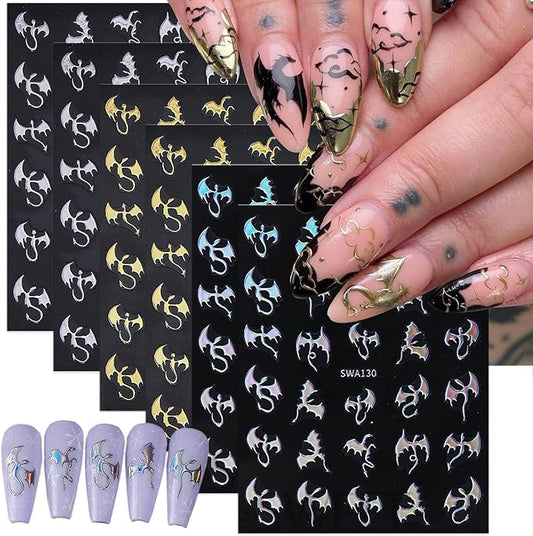 6 Sheets Halloween Nail Stickers 3D Self-Adhesive Dragon Nail Art Stickers Glitter Laser Gold Bat Design Horror Gothic Nail Decals Nail Art Supplies for Women Acrylic Manicure Decorations