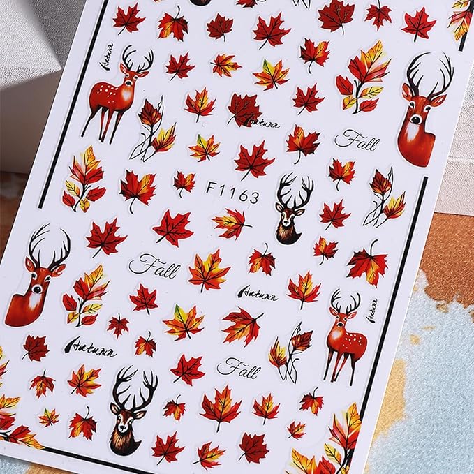 Fall Nail Art Stickers 6PCS Autumn Maple Leaf Nail Decals Fallen Leaves Elk Design 3D Self-Adhesive Nail Art Supplies Fall Leaf Deer Nail Accessories for Women Thanksgiving Day DIY Manicure Decoration