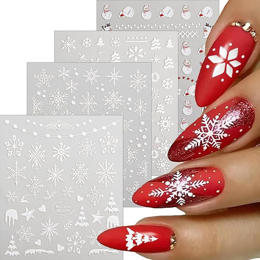 8 Sheets Christmas Nail Art Stickers Decals 5D Embossed Self-Adhesive Pegatinas Uñas Navidad Snowflake Santa Claus Snowman Reindeer Winter Holiday Manicure Decoration Supplies Accessories for Women