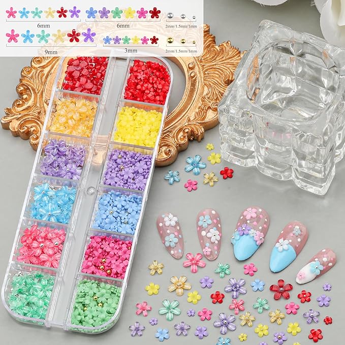 3 Boxes 3D Flower Nail Charms and Gems - Colorful Nail Flower & Metal Butterfly Charms Clear Rhinestones Gemstones Silver/Gold Caviar Beads White Pearls with Nail Chain for DIY Nails (15-S3-Mixed4)