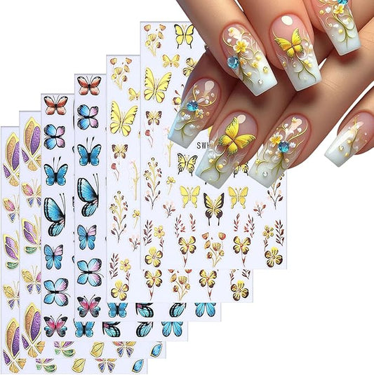 Butterfly Nail Art Stickers Gold Butterflies Nails Art Decals 3D Self-Adhesive Nails Sticker Holographic Spring Decal Decoration for Women Blue Butterfly Manicure Stickers DIY Nail Supplies