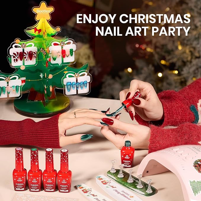 Beetles 67Pcs Gel Nail Kit Crystal Christmas Gifts for Women Teen Girls - 12 Colors Cat Eye Red Glitter Gel Polish Kit with U V Light & Nails Stand Acrylic Holder Display Nails Stuff Manicure Set