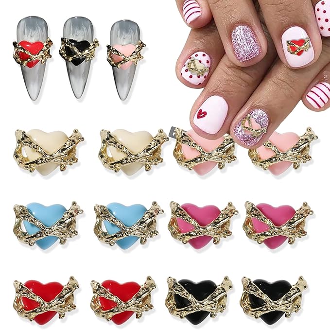 KTAABTR Valentines Nail Charms 12pcs Alloy Heart Nail Art Charms Design Valentines Day Nail Charms Red Pink Black Heart Nail Charms for Women DIY Manicure Valentines Heart Charms Decoration