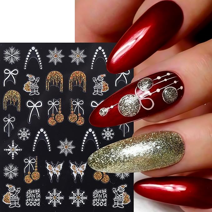9 Sheets New Year Nail Stickers 3D Self-Adhesive Santa Claus Christmas Snowflake Nail Decals Elk Bow Xmas Tree Snowball Nail Art Stickers Butterfly Star Nail Decoration Supplies for Women Nail Designs