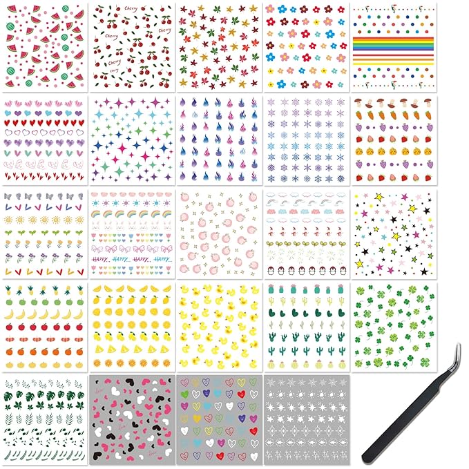 24 Sheets Nail Stickers for Girls Women and Kids, Nail Art Stickers Bunny Penguin Duck Flower Heart Star Rainbow Cloud Snow Lucky Clover Maple Watermelon Fruit for Nail Art Decoration with Tweezers