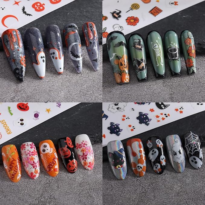 8 Sheets Halloween Nail Art Stickers - Cute Ghost Pumpkin 3D Self Adhesive Decals - Glitter Flower Spooky Design Gothic Bat for Women DIY Manicure Supplies
