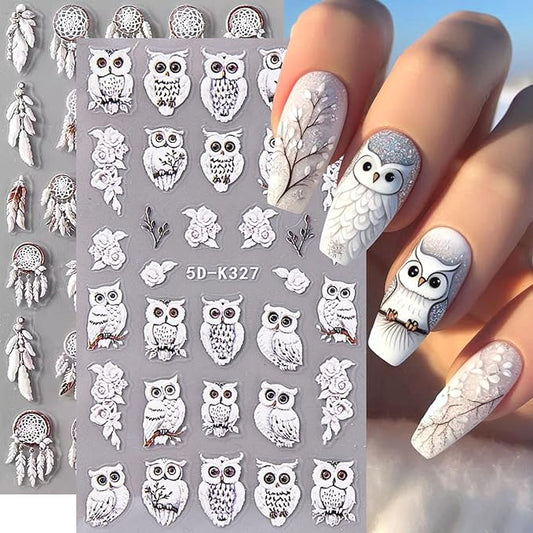 2Sheets Cute Owl Nail Art Stickers 5D Embossed Feather Dreamcatcher Designs Nail Decals Self-Adhesive White Owl Rose Flower Nail Sticker Autumn Winter Nails Supplies for Women DIY Manicure Decor