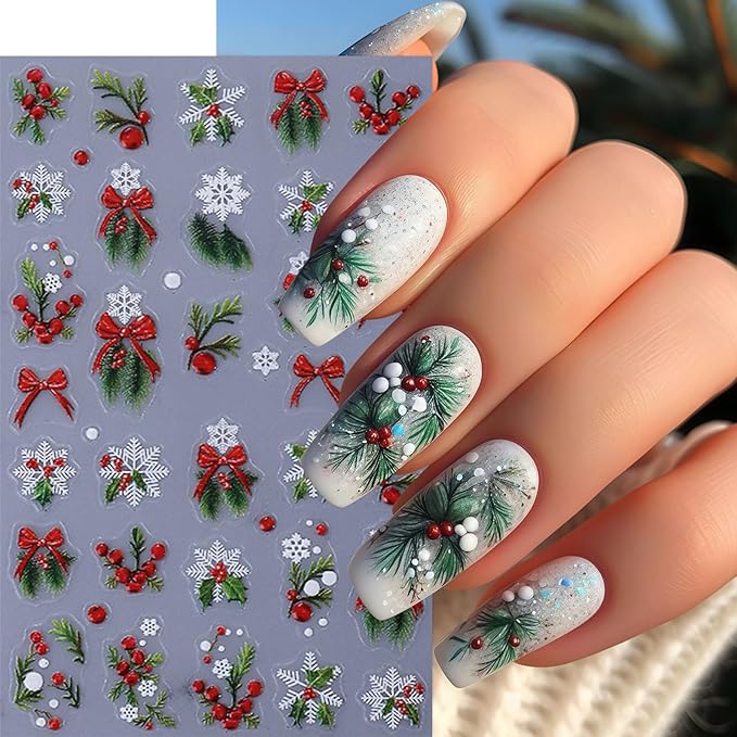 3 Sheets Christmas Nail Art Stickers 5D Micro Embossed Red Bow Holly Leaf Nail Decals Winter Purple Christmas Tree Snowmen Snowflake Design Santa Hat Nail Supplies for Women Holiday Manicure DIY
