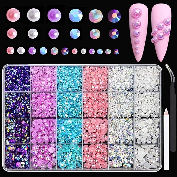 24Grid Blue Flatback Pearls and Rhinestones for Crafting Pink White Stones Mixed Size 3-8mm Resin Rhinestones and Half Pearls for Bedazzling Nail Art and Decoration with Tweezer and Pickup Pencil