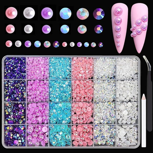 24Grid Blue Flatback Pearls and Rhinestones for Crafting Pink White Stones Mixed Size 3-8mm Resin Rhinestones and Half Pearls for Bedazzling Nail Art and Decoration with Tweezer and Pickup Pencil