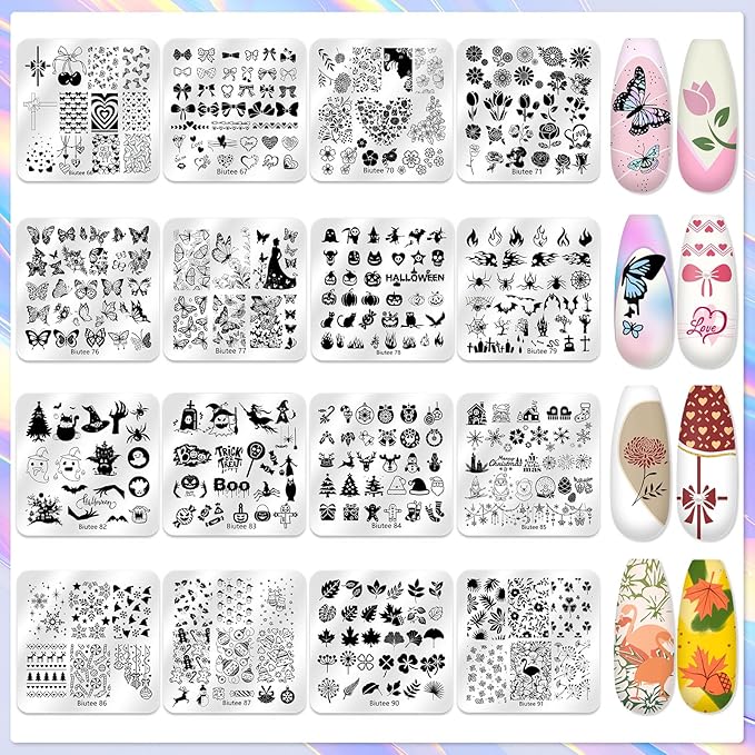 Biutee Nail Stamper Kit 16Pcs Nail Art Stamping Plate 8 Colors Stamp Polish Gel Silicone Stamper Scraper with Storage Bag, Nail Stamp Plates Love Flower Butterfly Leaf Template Halloween Design Gift