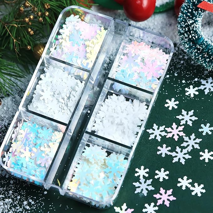 Christmas Smowflake Glitter Sequins Nail Accessories Winter White Snowflake Glitter Manicure Mix Colors Nail Art Glitter Flakes, 3D Nails Supplies Jewelry Studs Nail Decoration for Women Featival