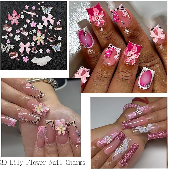 4 Boxes Pink Nail Gems Bow Flower Nail Charms for Acrylics - Irregular Crystals, Nails Rhinestone & Accessories for Women Nails Art Design Nails Decor(Pink)