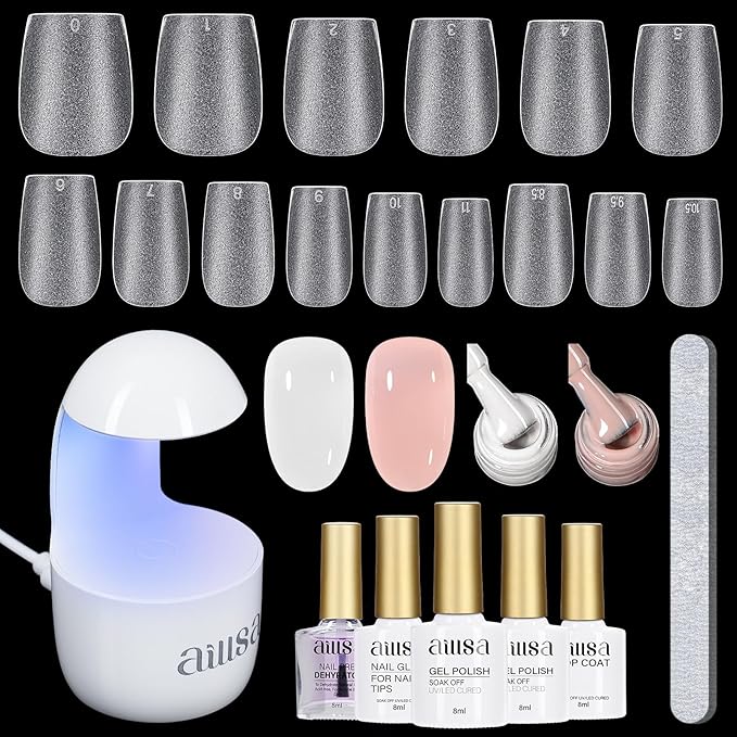 AILLSA Extra Short Coffin Gel Nail Kit 240pcs Full Nail Tips with 2 In 1 Nail Glue Base Top Coat Nail Dehydrator U v Led Lamp, Gel Extension Nail Kit for Beginners Home Salon