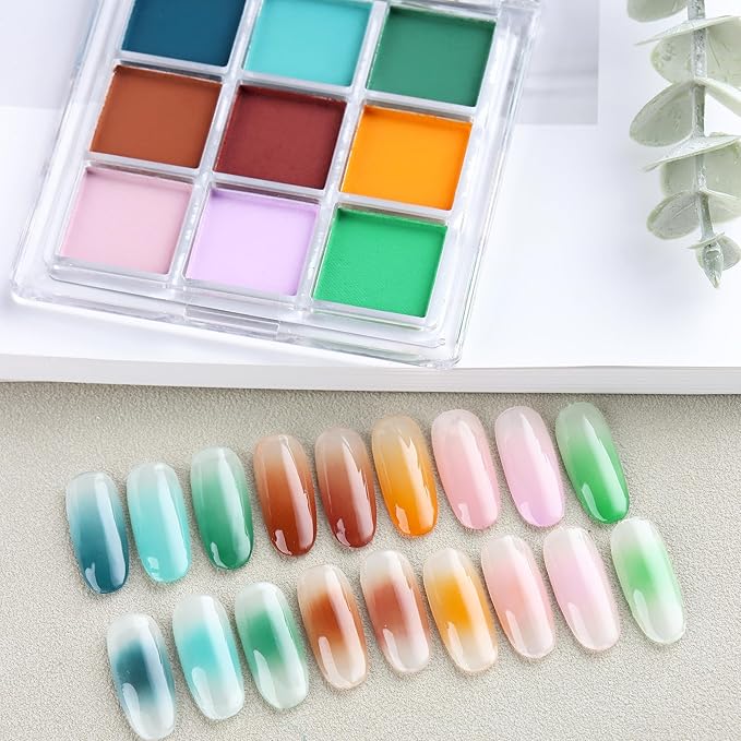Nail Pigment Palette 9 Colors Gradient Ombre Nail Powder Set for DIY Manicure Beginners - Perfect Nail Design with Ultra Fine Powder - Includes 5 Sponge Sticks 1 Brush #07