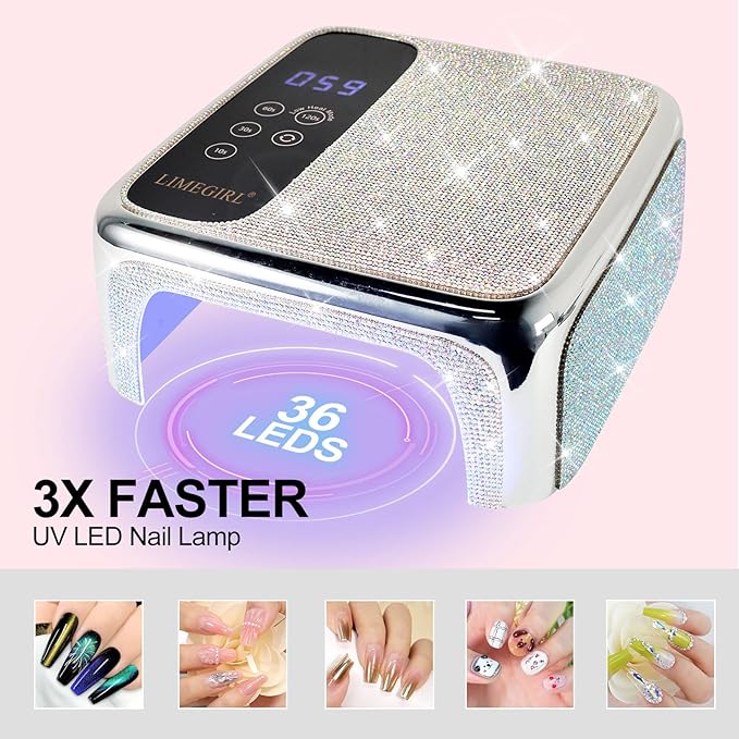 UV LED Nail Lamp Cordless, Professional UV Light for Gel Nail Polish, Fast Curing Lamp Nail Dryer with 4 Timers & LCD Touch Display, for Salon-Grade Gel Nails - Sparkling Diamond UV Nail Lamp (White)