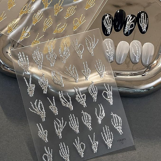 2 Sheets 5D Halloween Nail Stickers for Nail Art Self-Adhesive Embossed Hand Bones Nail Art Stickers Gold Silver Horror Hand Bone Nail Decals Halloween Nail Design Sticker for Women DIY Manicure