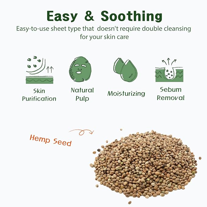 Purederm Hemp Seed Essence Mask (12 Pack) – Hemp Seed Oil, Collagen, and Vitamin E Effectively, Moisturize and Soothe the Skin