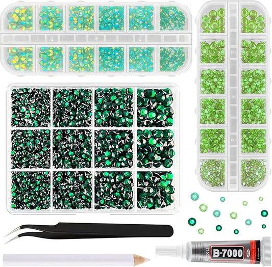 ASTARON Green Resin Rhinestones for Crafting, 2mm-6mm Mixed Flatback Resin Gemstones for Crafts Gems Bulk Jelly AB Bedazzling Diamonds with Glue for Nails, Tumblers, Mugs Decoration
