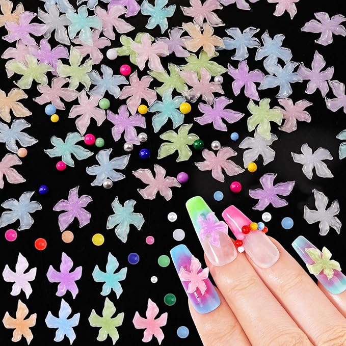 300Pcs Flower Nail Charms Kit, 100Pcs 3D Embossed Hawaii Floral Charms and 100Pcs Nail Pearls with 100Pcs Macaron Beads, Colorful Hibiscus Summer Flowers Mini Gems Round Beads for Nails DIY