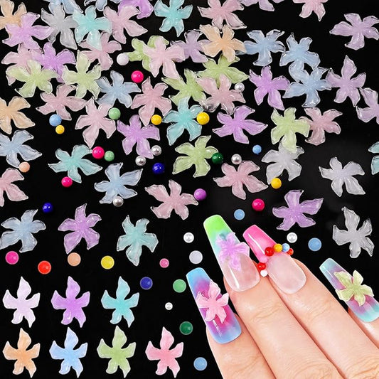300Pcs Flower Nail Charms Kit, 100Pcs 3D Embossed Hawaii Floral Charms and 100Pcs Nail Pearls with 100Pcs Macaron Beads, Colorful Hibiscus Summer Flowers Mini Gems Round Beads for Nails DIY