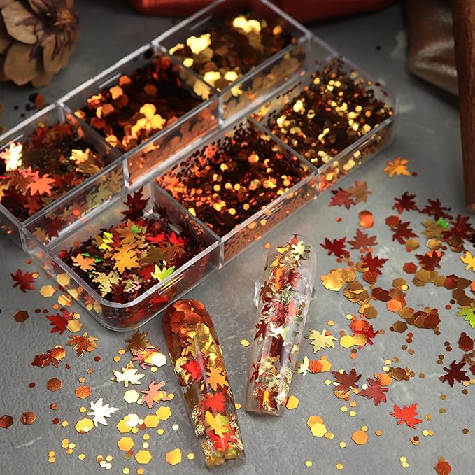 Fall Maple Leaf Nail Sequins Maple Leaves Glitter for Nails Holographic Fall Nail Art Design Supplies 3D Autumn Nail Glitters Flakes Decor