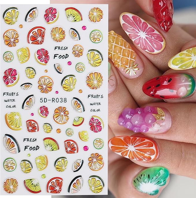 2Sheets Summer Fruit Nail Art Stickers 5D Embossed Colorful Lemon Designs Nail Decals Self-Adhesive Cute Strawberry Cherry Nail Sticker Cute Flower Star Nail Decal for Women Nails Decor Accessories