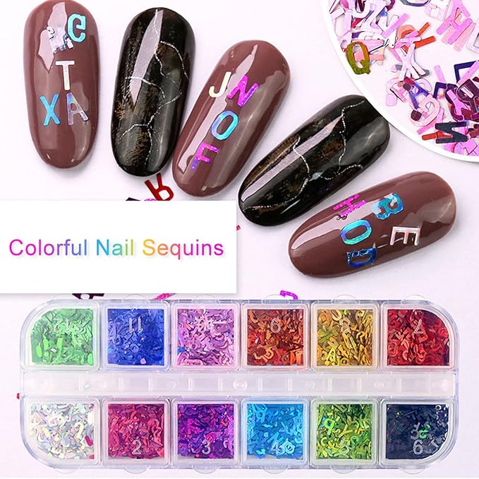 12 Colors Letters Nail Art Glitters Sequins Laser Gold 3D Flakes Alphabet Designs Accessories for Women Girls Manicure Tips Decorations Shine Stickers Decals