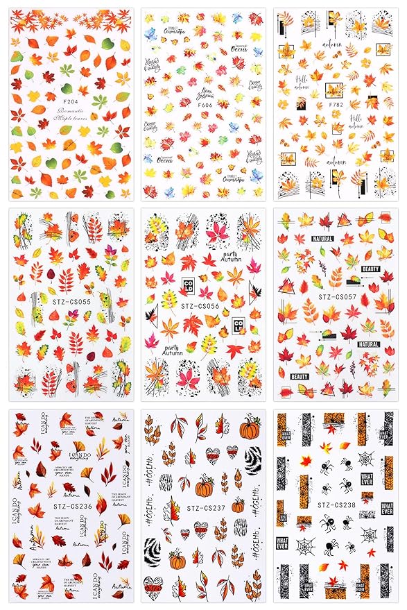 JMEOWIO 9 Sheets Fall Nail Art Stickers Decals Self-Adhesive Autumn Pumpkin Maple Leaf Nail Supplies Nail Art Design Decoration Accessories