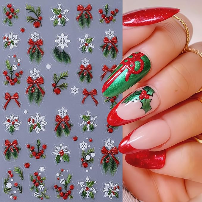 4 Sheets Green Christmas Nail Art Stickers 5D Micro Relief Holly Leaf Bow Nail Decals Winter Xmas Red Bow Holly Nail Stickers White Snowflake Nail Supplies for Women Holiday New Year Charms Nail Decor
