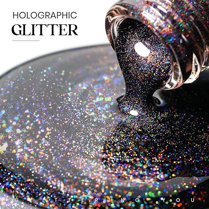 MIZHSE Holographic Nail Polish, Black Glitter Nail Polish Air Dry Fast, 15 ml 0.5 fl oz High Glossy Shiny Nail Pigment Oil-based Laser Iridescent Chrome Halo Nail Art Salon Manicure Home