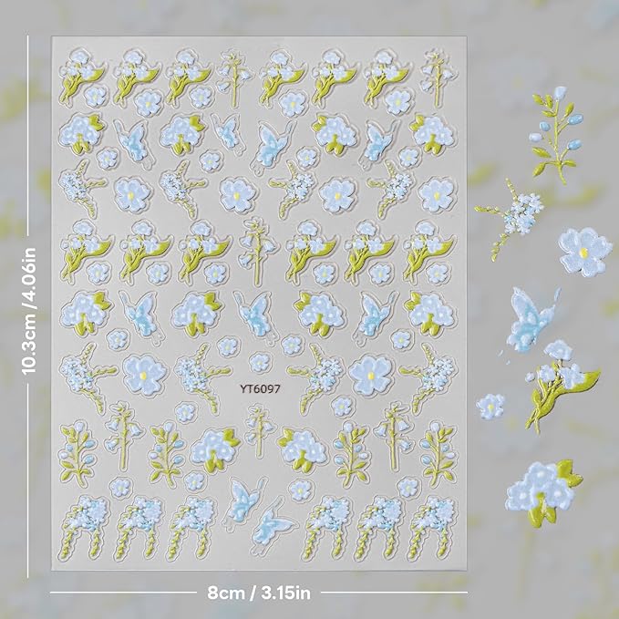 Flower Nail Stickers for Nail Art - Blue Flower Nail Art Sticker Floral Embossed Leaf Butterfly Nail Decals Self-Adhesive Nails Supply Manicure Stickers for Nails Decoration