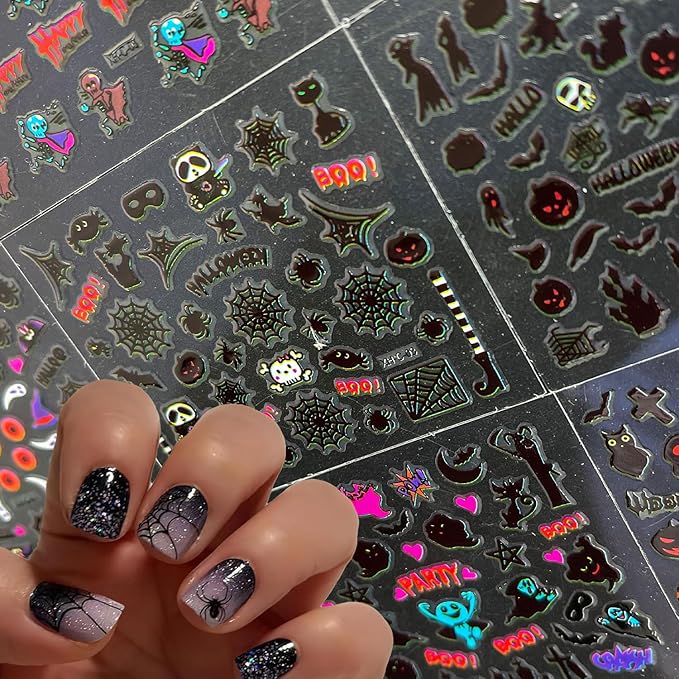 30 Sheets Halloween Nail Stickers Pumpkin Ghost Nail Decals 3D Self-Adhesive Bat Spider Design Nails Art Stickers for Women Holiday Manicure DIY