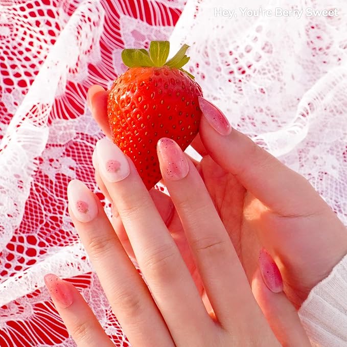 Heyhae Semi Cured Gel Nail Strips | No LED Lamp Needed | Glitter, Pink, Spring | Easy Apply & Remove, Salon Quality |Includes 28 Strips, 1 Prep Pads, Nail File & Wooden stick - Hey, You're Berry Sweet