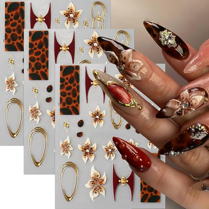 3 Sheets Brown Leopard Print Nail Stickers 5D Embossed Floral Nail Decals Exquisite Line Fall Brown Leopard Print Flower Nails Design Gold Stars Nails Supplies for Women Autumn Winter Manicure Decor