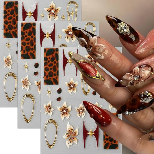 3 Sheets Brown Leopard Print Nail Stickers 5D Embossed Floral Nail Decals Exquisite Line Fall Brown Leopard Print Flower Nails Design Gold Stars Nails Supplies for Women Autumn Winter Manicure Decor