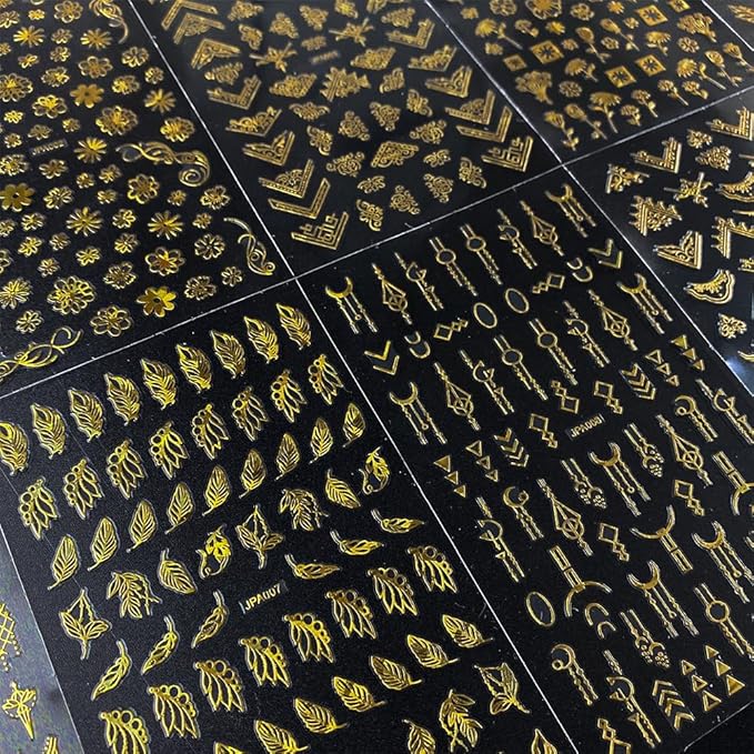 Gold Stickers for Nails - 10 Sheets 3D Self-Adhesive Flower, Leaf, and Geometry Designs - Manicure Art Supplies and Decorations for Women, Style5