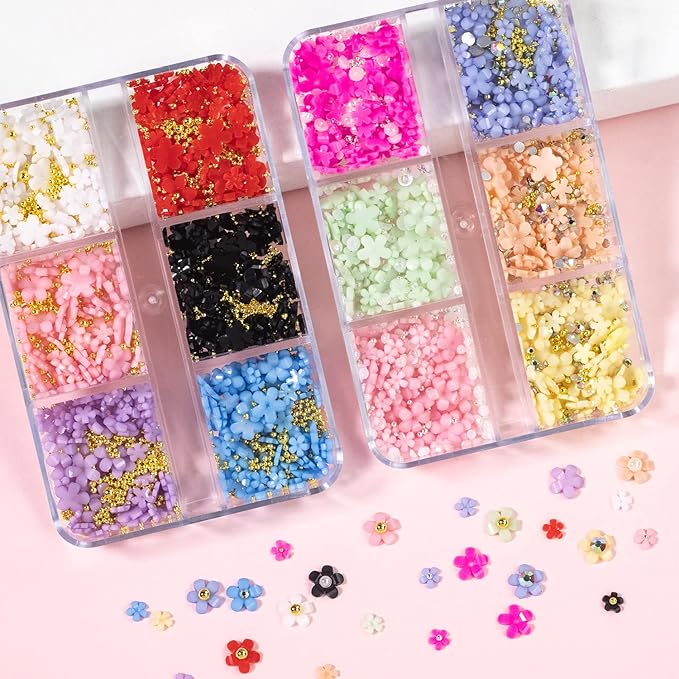 3D Flower Nail Charms for Nails Colorful Flowers Flatback Nail Rhinestones Pink White Black Blue Acrylic Flower with Round Pearls Gold Silver Beads Nail Art Supplies Manicure DIY Nail Decorations