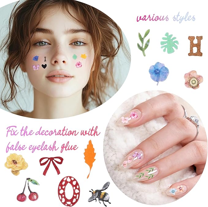300Pcs 3D Flower Nail Art Charms Butterflies Sequins Decals Colorful Mixed Bows Letters Design Slice Nail Maple Leaves Ultra Wood Pulp Flakes Sequins 3