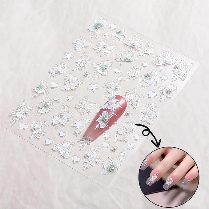 2 Sheets Green White Snow Mowing Flower Nail Art Stickers 5D Embossed Self-Adhesive Pearl Flower Stickers White Feather Lace Design Suitable for Ladies Girls Nail Art Decoration