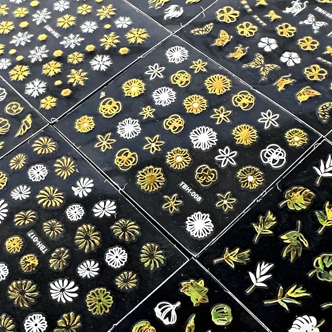 Gold Nail Art Stickers - 30 Sheets, 3D Self-Adhesive Leaf, Flower, Star, Moon, Heart, Snowflake Designs for Women & Girls