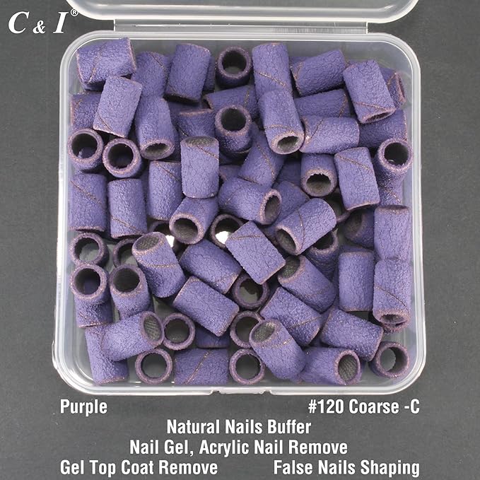 C & I Nail Sanding Bands 100 PCS Plus Upgrade Mandrel 1 PC, Nail Drill Bits for Acrylic Gel Nails Remove, Natural Nails Buffer for Nail Prep and Nail Shiner (Purple, #120 Coarse)