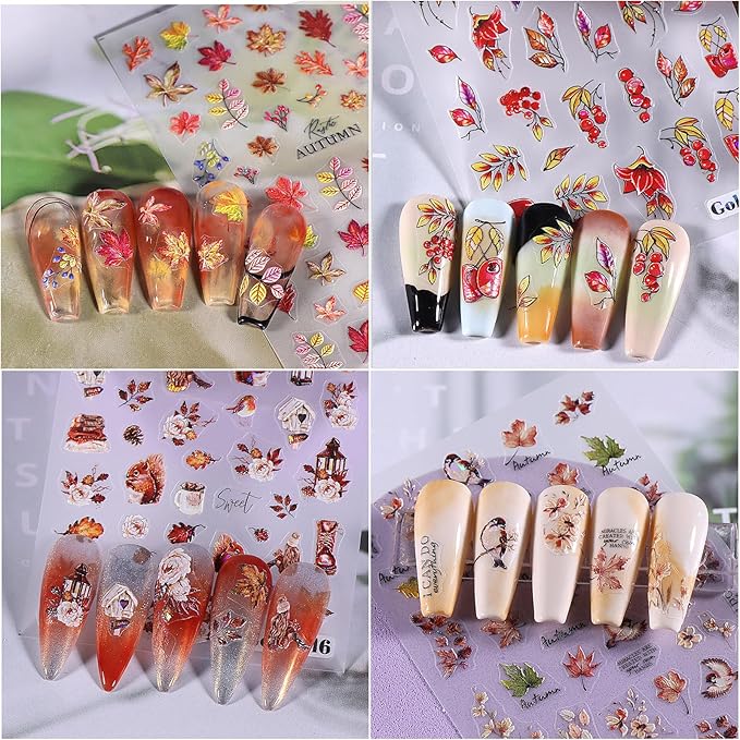 Fall Nail Stickers 3D Maple Leaves Nail Decals DIY Self Adhesive Tree Leaf Autumn Letter Nail Design Sticker Squirrel Animal Nail Decoration Supplies Holiday Manicure Accessories for Women Girls 4Pcs