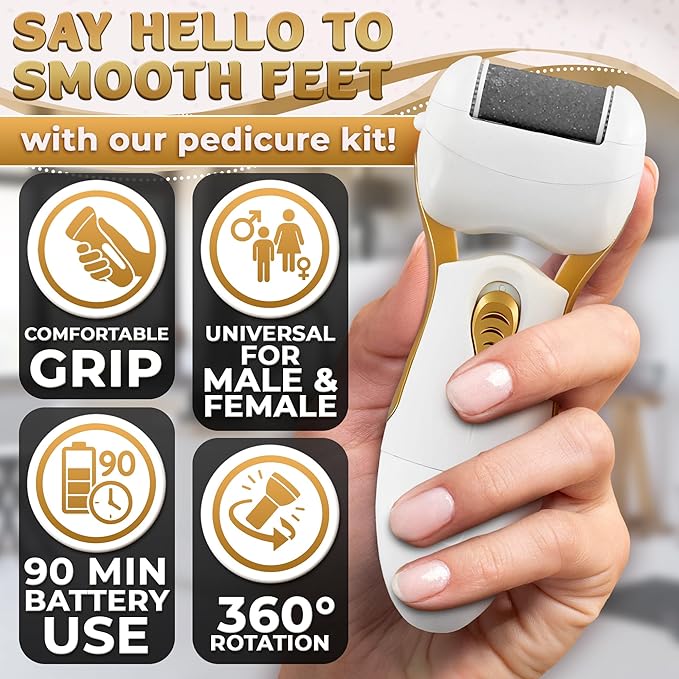Electric Callus Remover for Feet – 5W Electric Foot Filer, 90-Min Runtime Foot Sander with Fast 2H Charge & 3 Replacement Rollers – Hard Skin Remover for Feet with Ergonomic Handle for Easy Grip